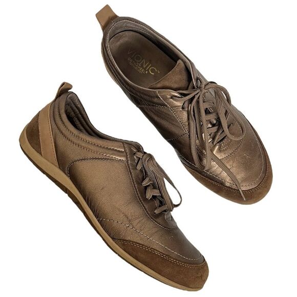 Vionic Willa Leather Sneakers Women 9 Bronze Metallic Suede Lace Up Comfort Shoe - Picture 1 of 12